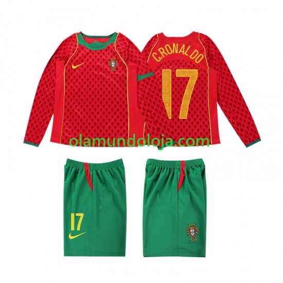 Camisola Portugal Cristiano Ronaldo 17 Retro Criança Equipamento Primeiro 2004 Manga Comprida
